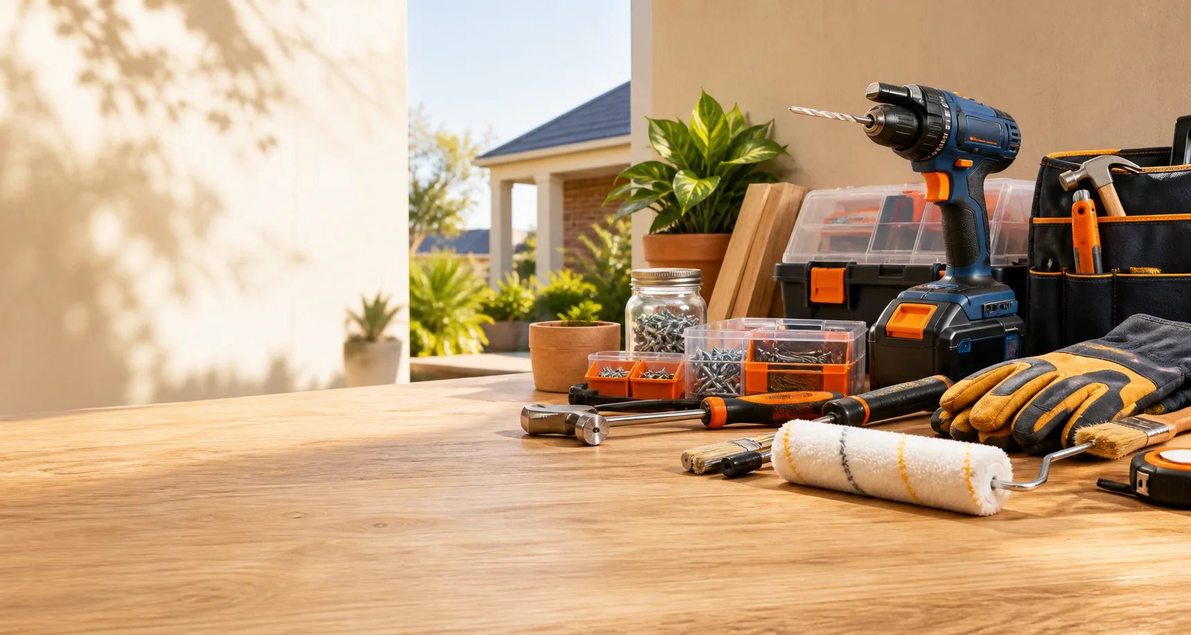 An organised sunlit workbench with a drill, hand tools and paint supplies