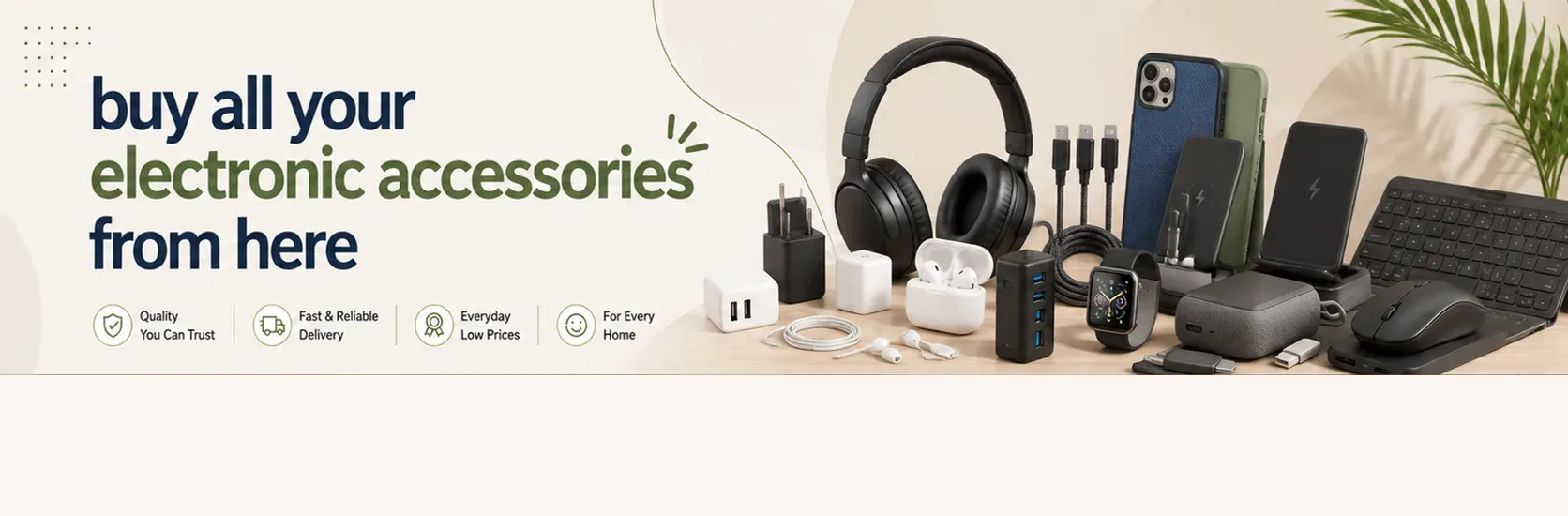 Headphones, chargers, cables, a power bank and a keyboard
