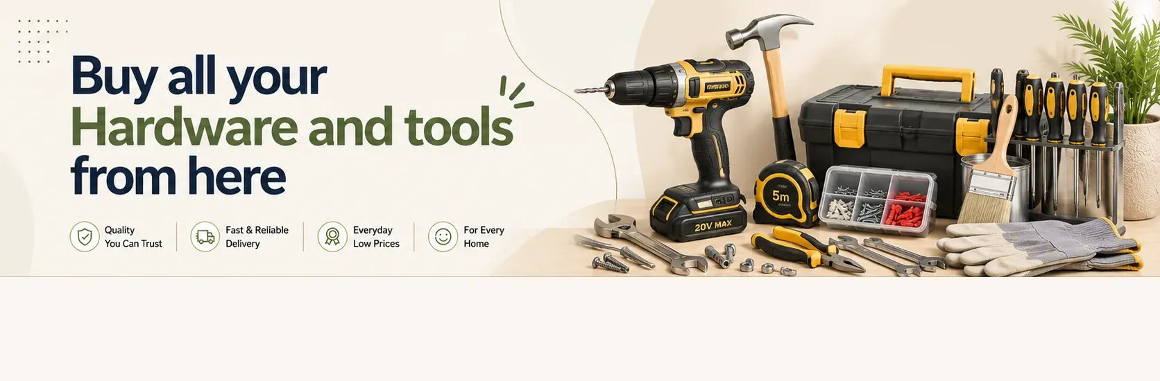 A drill, hammer, toolbox, spanners and screwdrivers on a bench
