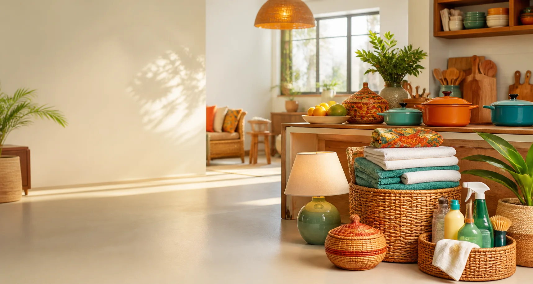 A warm sunlit home with colourful cookware, towels and woven baskets