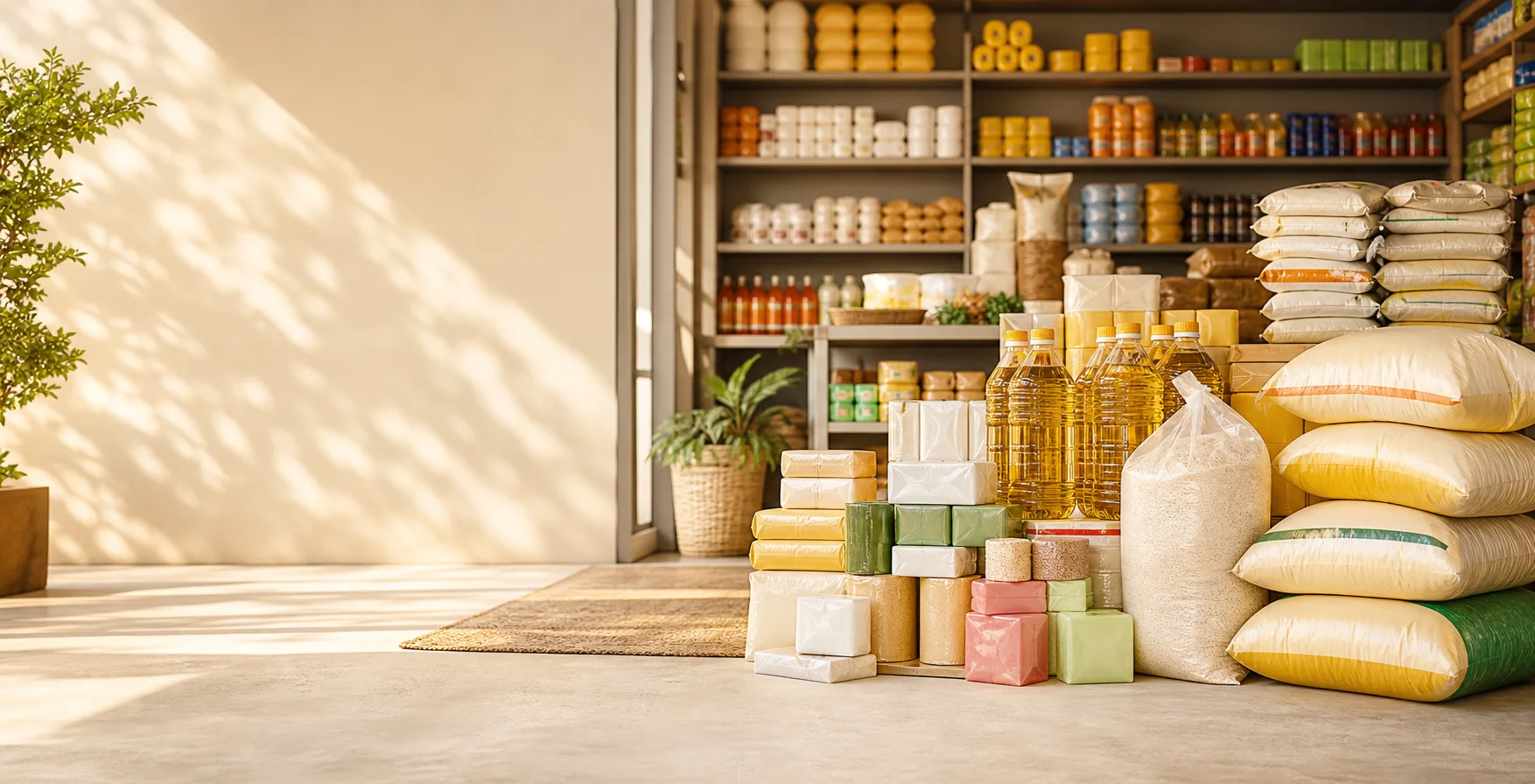 A bright local shop stocked with rice, cooking oil and household basics